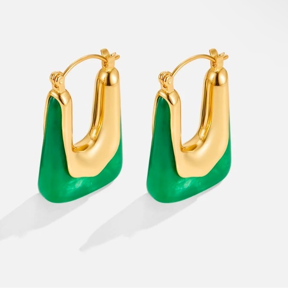 Esme Square Elegant Gold and Green Hoop Earrings